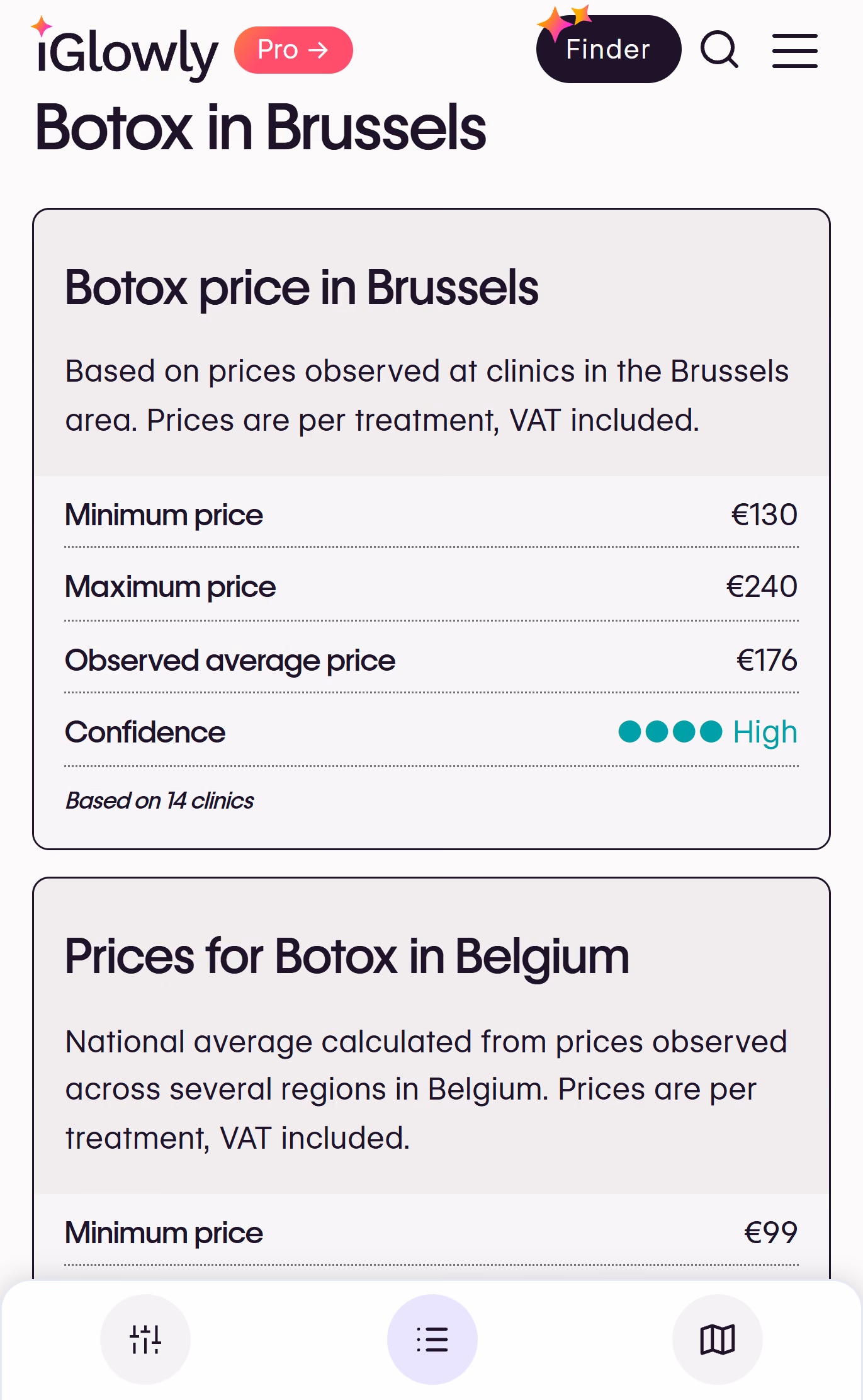 iGlowly treatment prices by city on mobile